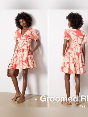Hutch Coral Plumeria Puff Sleeve V Neck Dress Size M